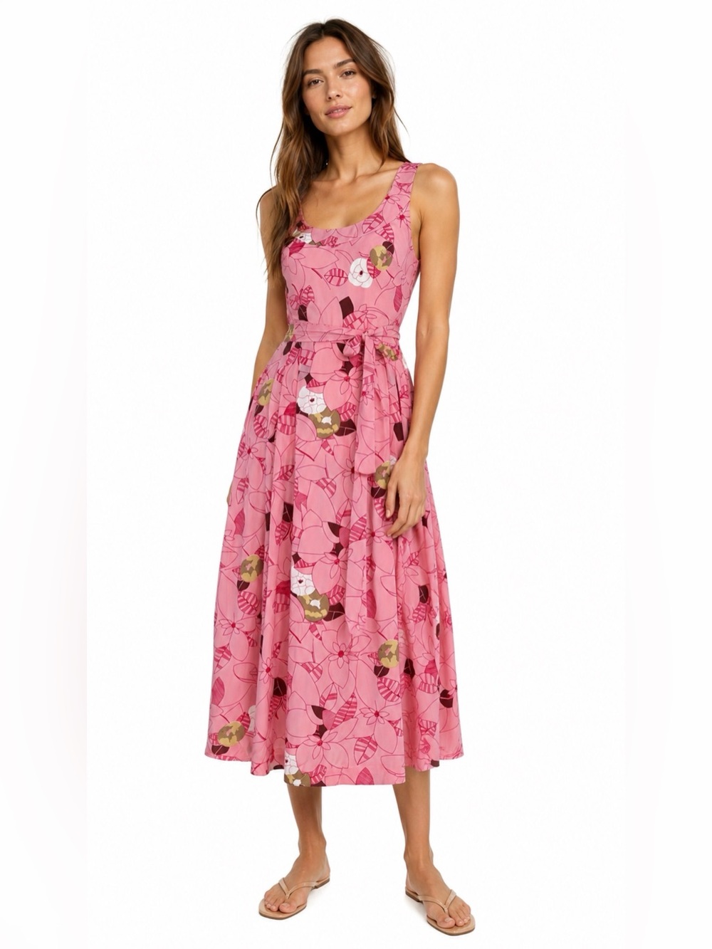 Handmade Pink Floral Midi Dress Backless Tie Waist XS-Small